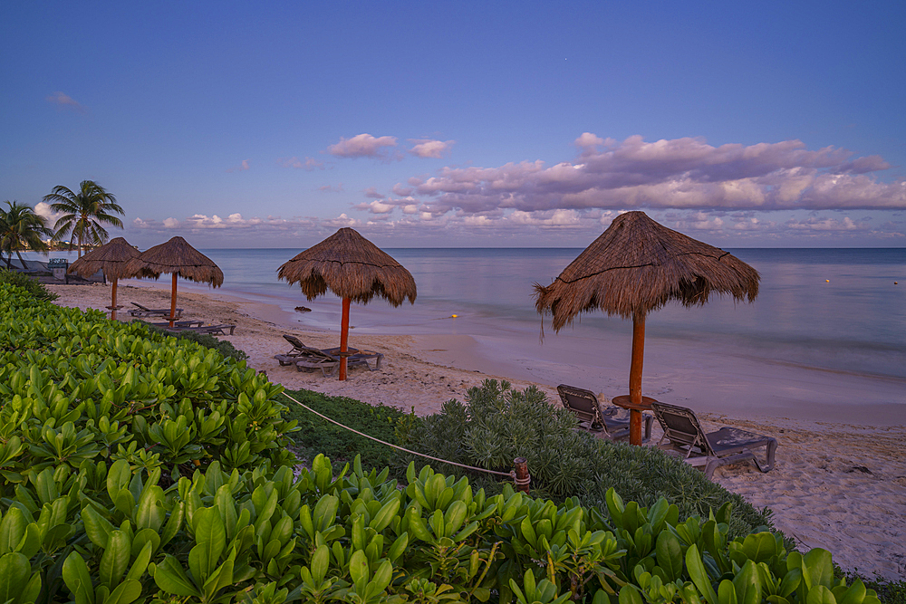 View of hotel and beach at dusk near Puerto Morelos, Quintana Roo, Caribbean Coast, Yucatan Peninsula, Riviera Maya, Mexico, North America