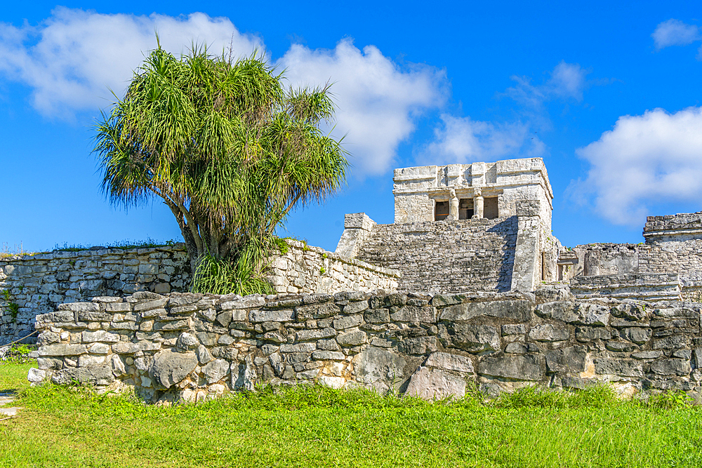 View of Mayan Temple ruins, Tulum, Quintana Roo, Caribbean Coast, Yucatan Peninsula, Riviera Maya, Mexico, North America