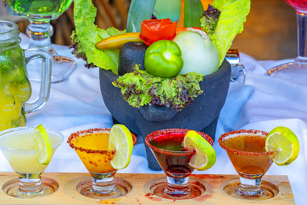 View of colourful drinks and salad vegetables on 5th Avenue, Playa del Carmen, Quintana Roo, Caribbean Coast, Yucatan Peninsula, Riviera Maya, Mexico, North America