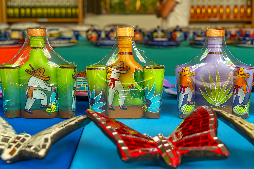 View of tequila bottles near Puerto Morelos, Caribbean Coast, Yucatan Peninsula, Riviera Maya, Mexico, North America