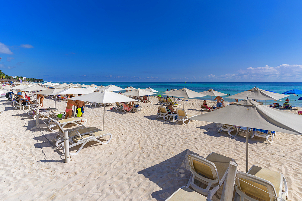 View of beach and sea, Playa del Carmen, Caribbean Coast, Yucatan Peninsula, Riviera Maya, Mexico, North America