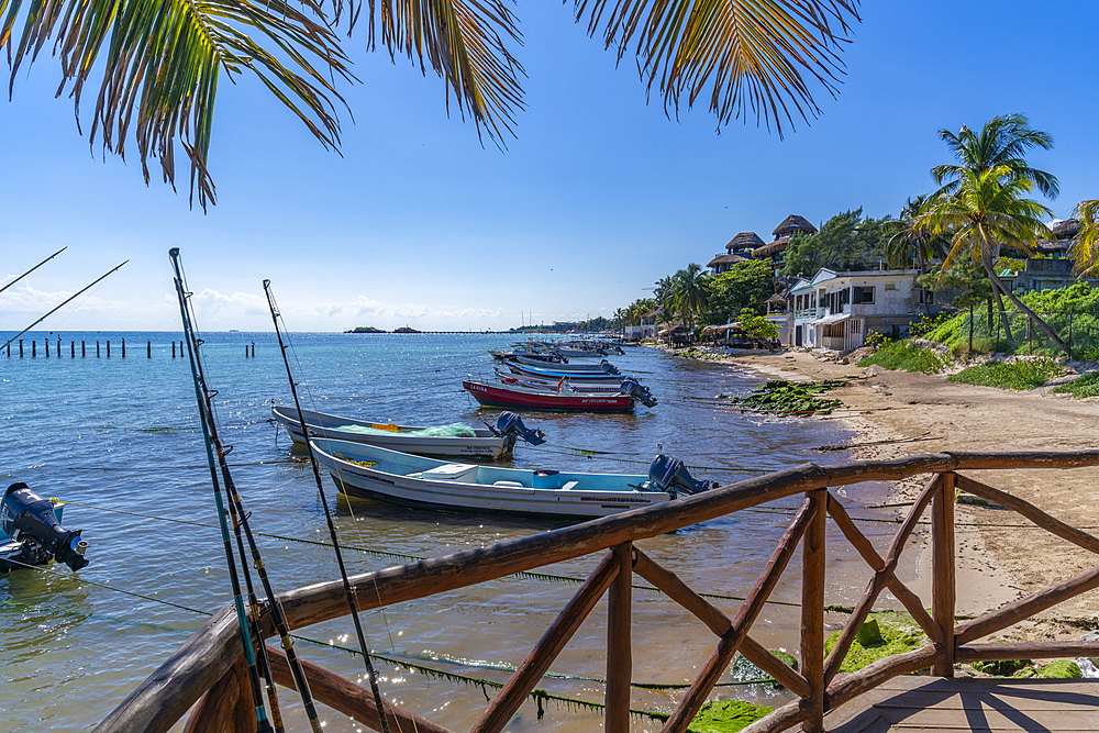 View of small boats in harbour, Playa del Carmen, Caribbean Coast, Yucatan Peninsula, Riviera Maya, Mexico, North America