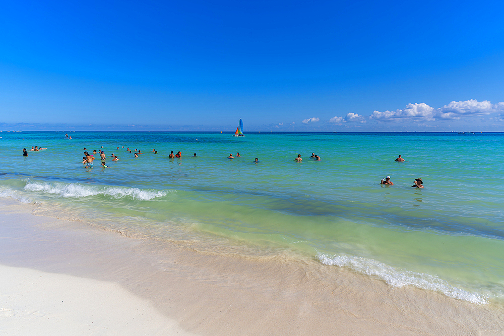 View of beach and sea, Playa del Carmen, Caribbean Coast, Yucatan Peninsula, Riviera Maya, Mexico, North America