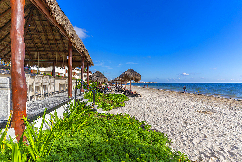 View of beach and sunshades at Puerto Morelos, Caribbean Coast, Yucatan Peninsula, Riviera Maya, Mexico, North America