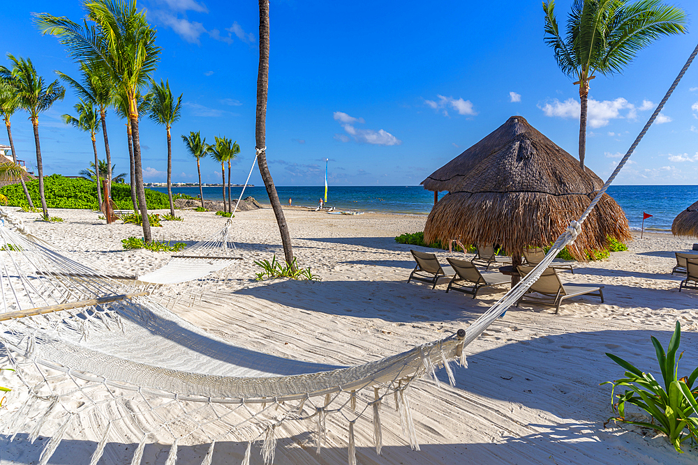 View of hammock on beach at Puerto Morelos, Caribbean Coast, Yucatan Peninsula, Riviera Maya, Mexico, North America