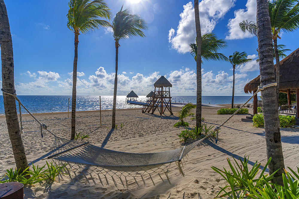 View of hammock on beach at Puerto Morelos, Caribbean Coast, Yucatan Peninsula, Riviera Maya, Mexico, North America