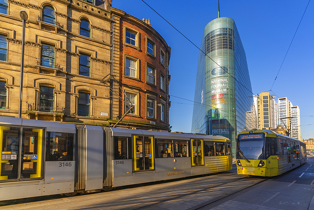 View of city tram in Exchange Square, Manchester, Lancashire, England, United Kingdom, Europe