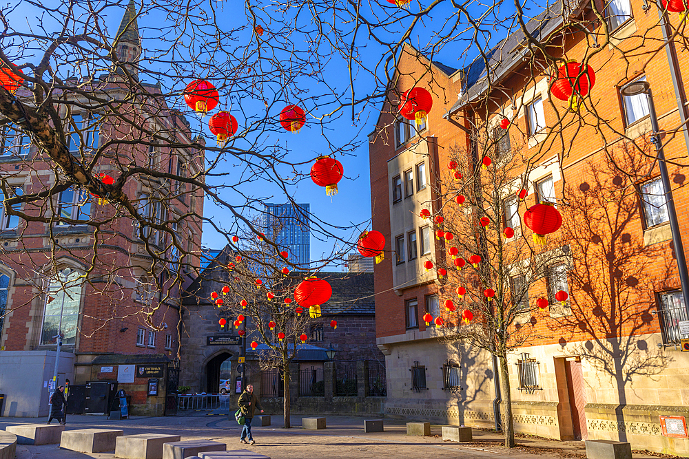 View of Chinese lanterns in Cathedral Gardens, Manchester, Lancashire, England, United Kingdom, Europe