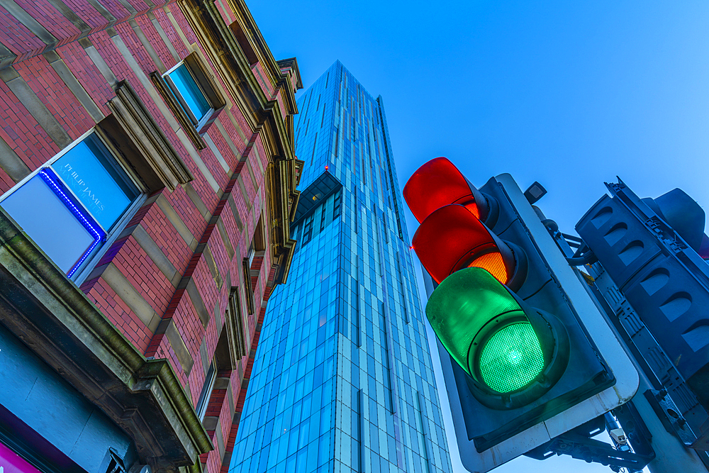 View of traffic lights and Beetham Tower, Manchester, Lancashire, England, United Kingdom, Europe