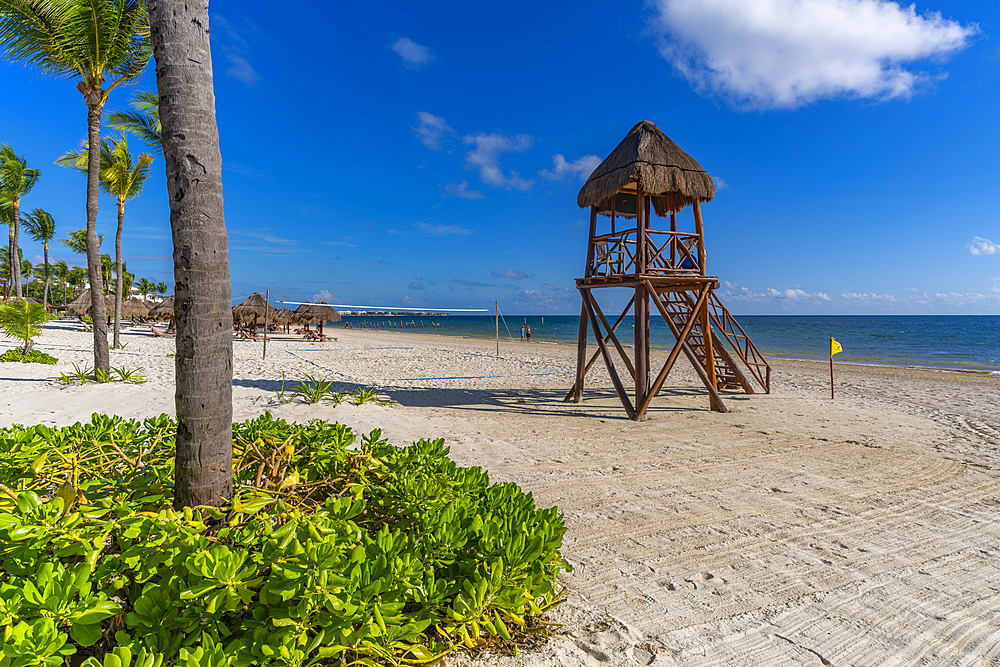 View of beach and lifeguard tower at Puerto Morelos, Caribbean Coast, Yucatan Peninsula, Riviera Maya, Mexico, North America