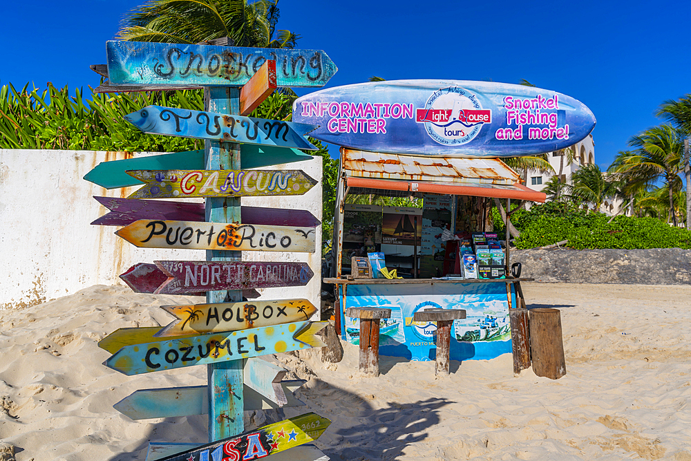 View of colourful destination sign on beach at Puerto Morelos, Caribbean Coast, Yucatan Peninsula, Riviera Maya, Mexico, North America