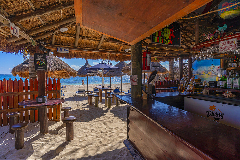 View of beach bar at Puerto Morelos, Caribbean Coast, Yucatan Peninsula, Riviera Maya, Mexico, North America