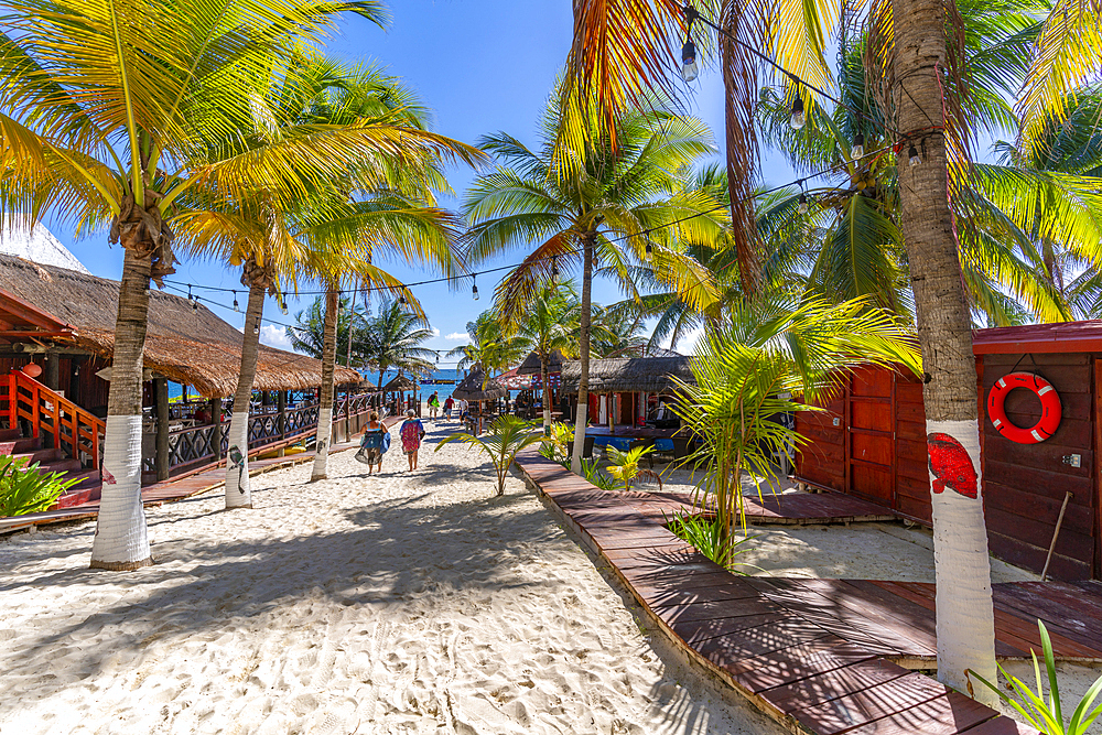 View of restaurants and beach bar at Puerto Morelos, Caribbean Coast, Yucatan Peninsula, Riviera Maya, Mexico, North America