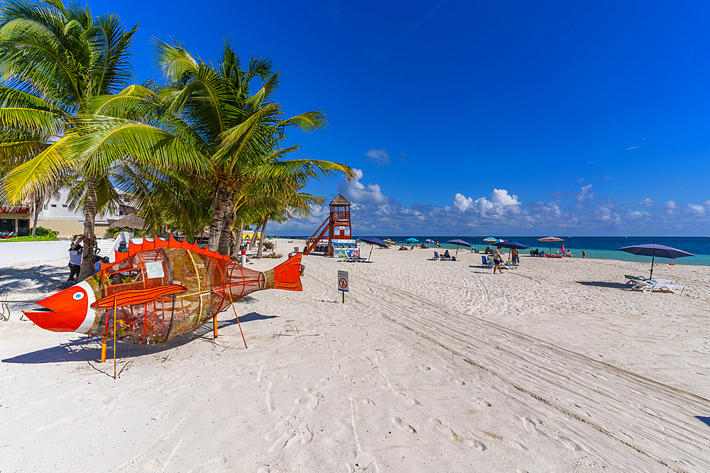 View of beach and palm trees at Puerto Morelos, Caribbean Coast, Yucatan Peninsula, Riviera Maya, Mexico, North America