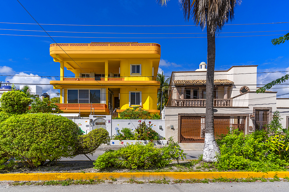 View of colourful property at Puerto Morelos, Caribbean Coast, Yucatan Peninsula, Riviera Maya, Mexico, North America