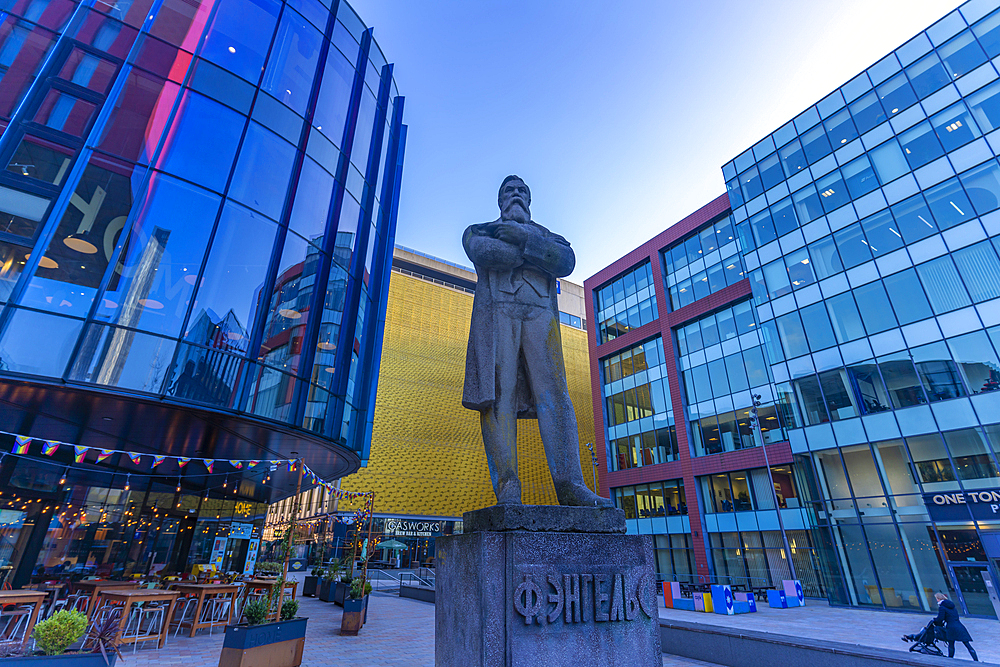 View of Friedrich Engels Statue in Tony Wilson Place, Manchester, Lancashire, England, United Kingdom, Europe