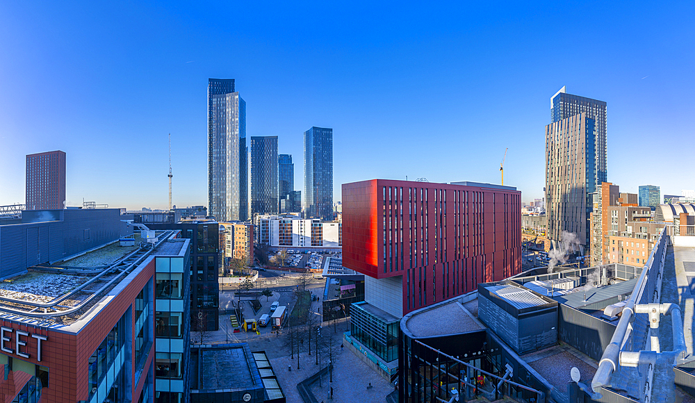 Elevated view of Deansgate apartments from Tony Wilson Place, Manchester, Lancashire, England, United Kingdom, Europe