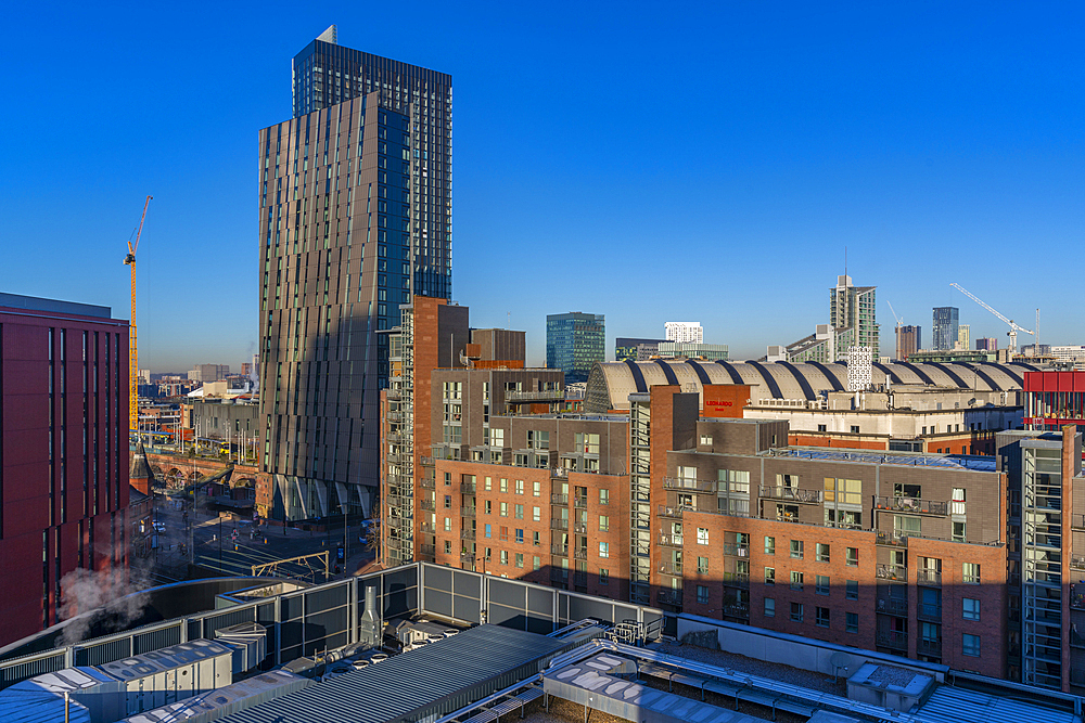 Elevated view of city skyline from Tony Wilson Place, Manchester, Lancashire, England, United Kingdom, Europe