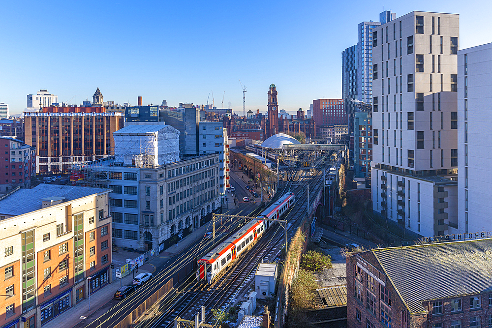 Elevated view of city skyline from Tony Wilson Place, Manchester, Lancashire, England, United Kingdom, Europe