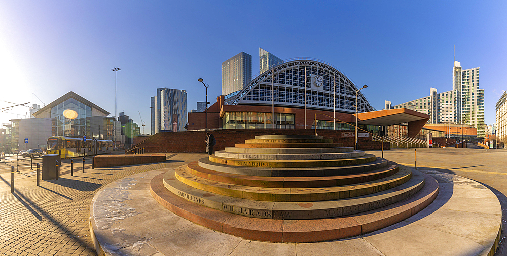 View of Manchester Central Convention Complex and Peterloo Massacre Monument, Manchester, Lancashire, England, United Kingdom, Europe