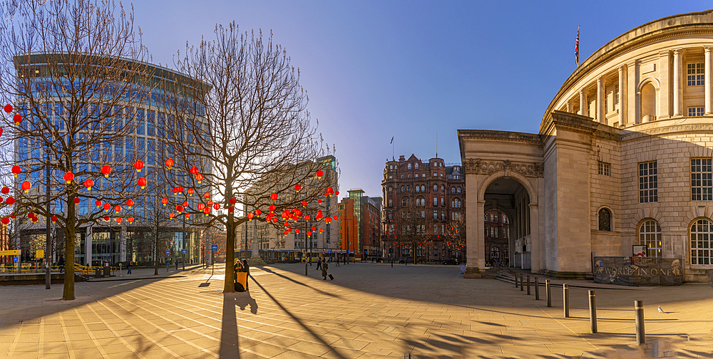 View of Chinese lanterns and Central Library in St. Peter's Square, Manchester, Lancashire, England, United Kingdom, Europe