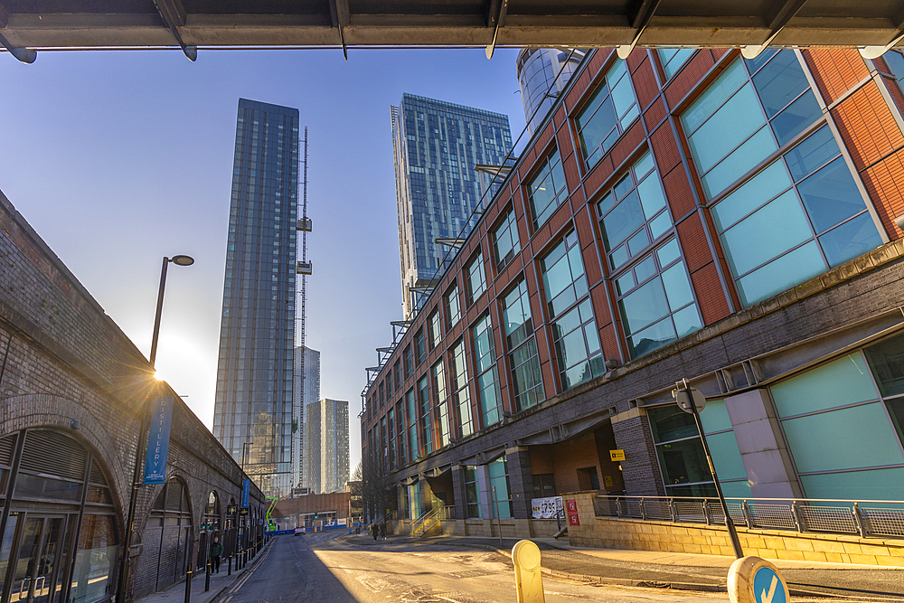 View of apartments at Deansgate framed by contemporary buildings, Manchester, Lancashire, England, United Kingdom, Europe