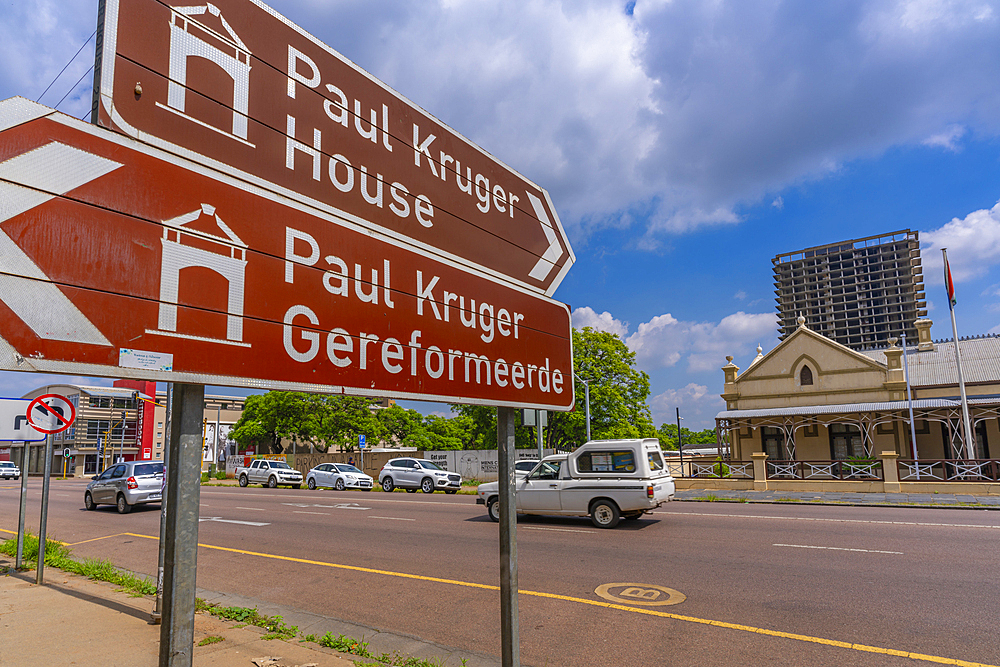 View of road sign and Ditsong Kruger Museum, Paul Kruger's former home, Pretoria Central, Pretoria, South Africa, Africa