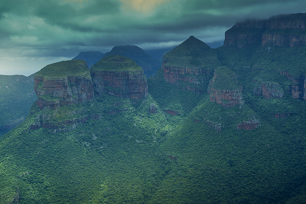 View of moody skies over the Three Rondavels in Blyde River Canyon, Province of Mpumalanga, South Africa, Africa