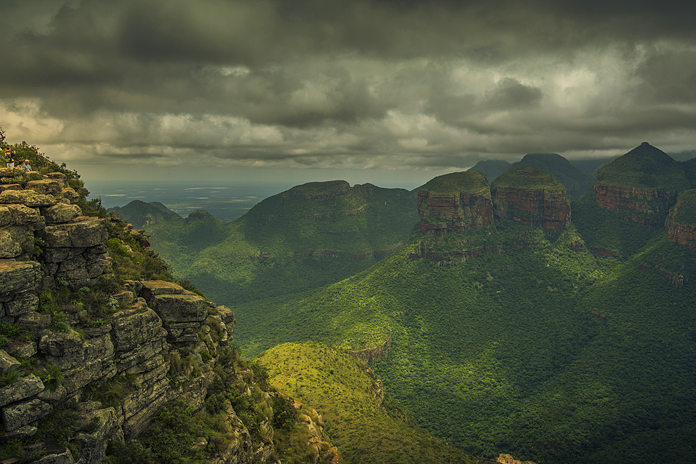 View of moody skies over the Three Rondavels in Blyde River Canyon, Province of Mpumalanga, South Africa, Africa