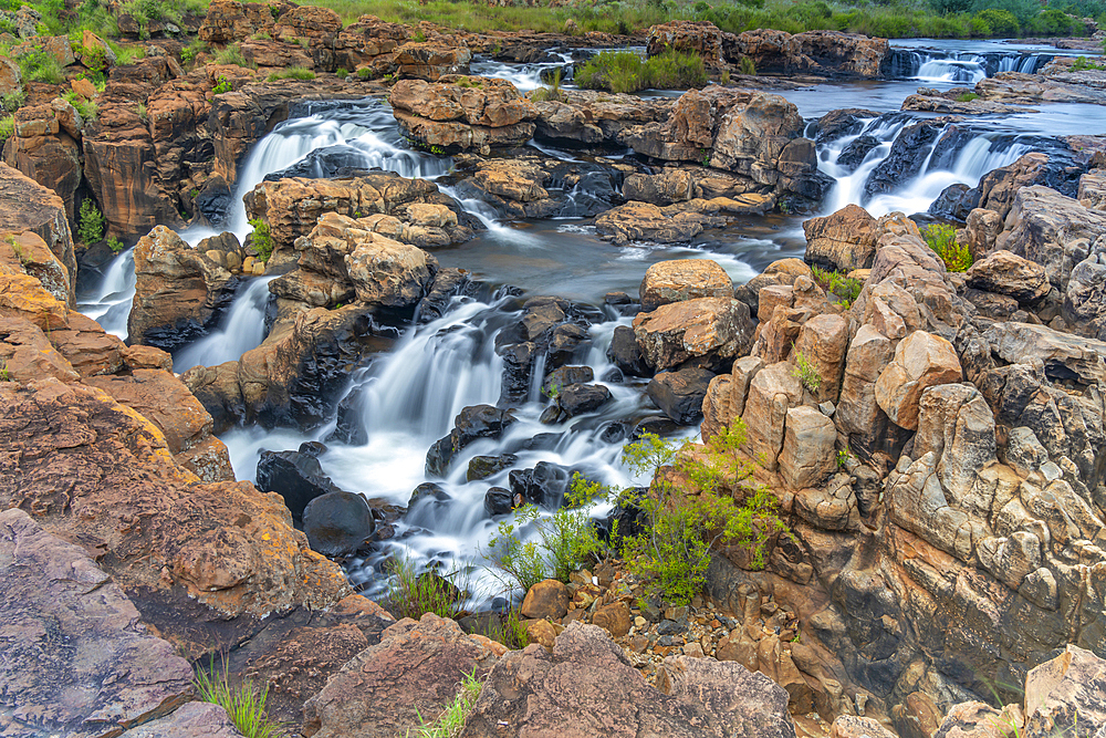 View of waterfalls at Bourke's Luck Potholes, Blyde River Canyon Nature Reserve, Moremela, Mpumalanga Province, South Africa, Africa