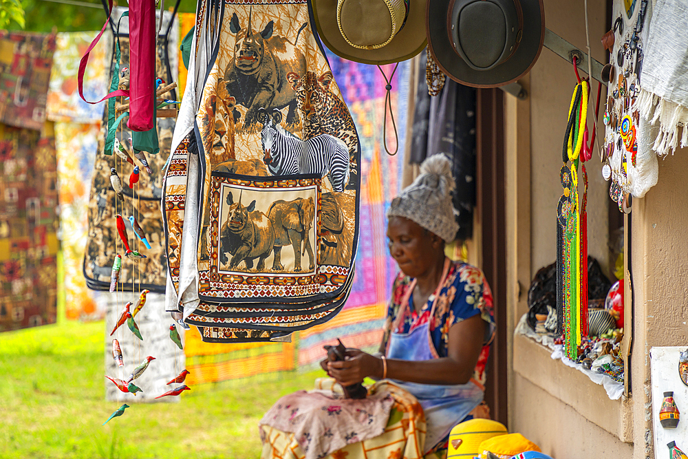 View of colourful souvenirs in Moremela village at Bourke's Luck Potholes, Blyde River Canyon Nature Reserve, Moremela, Mpumalanga Province, South Africa, Africa