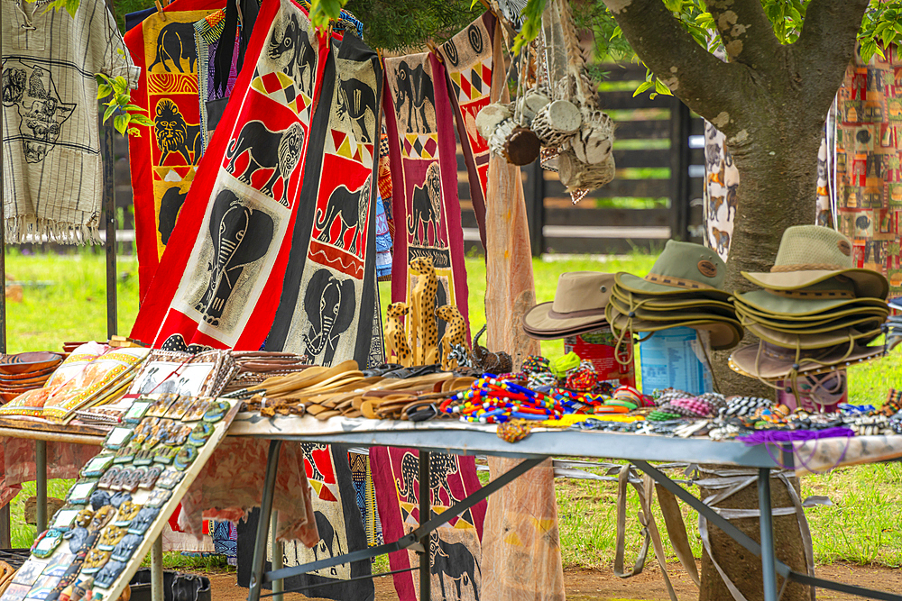 View of colourful souvenirs in Moremela village at Bourke's Luck Potholes, Blyde River Canyon Nature Reserve, Moremela, Mpumalanga Province, South Africa, Africa