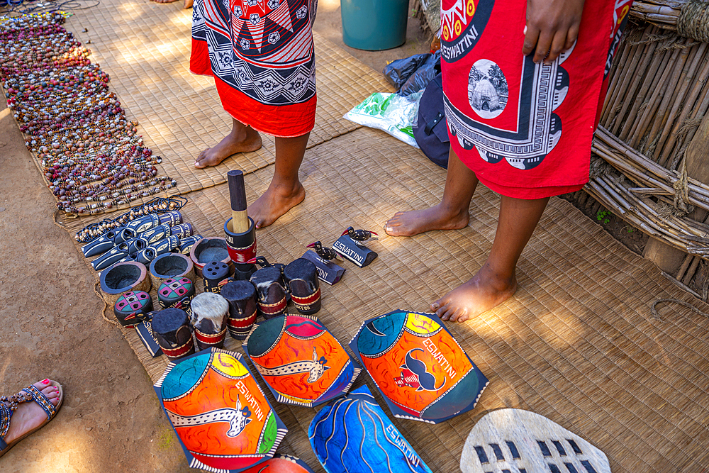 View of hand crafted souvenirs in Mantenga Cultural Village a traditional Eswatini settlement, Malkerns, Eswatini, Africa