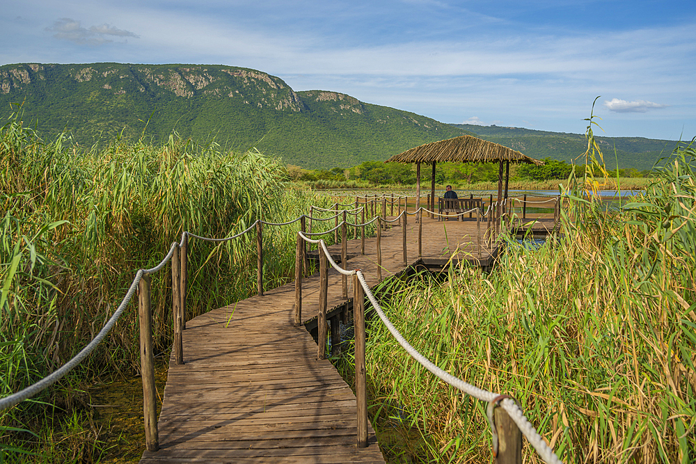 View of Jet lake and Ubombo Mountain from Ghost Mountain Inn, Mkuze, KwaZulu-Natal Province, South Africa, Africa