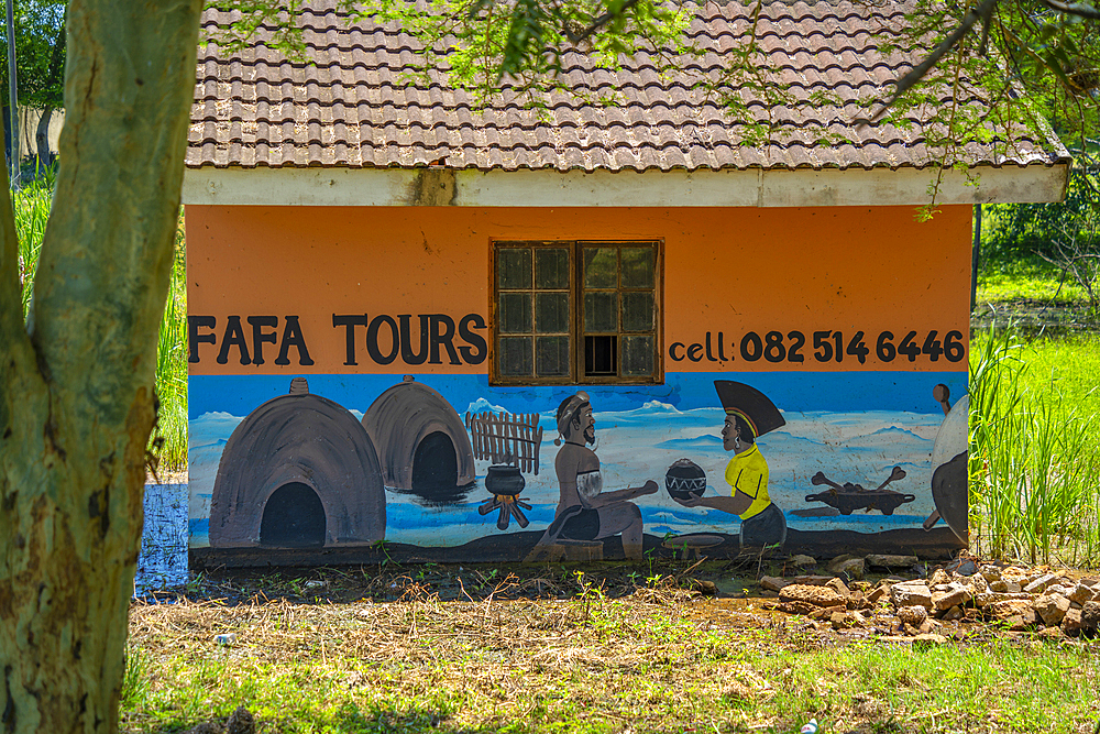 View of art work on wall in traditional Zulu village, Veyane Cultural Village, Khula, Khula Village, KwaZulu-Natal Province, South Africa, Africa