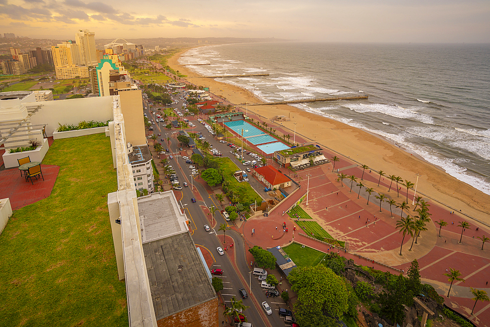 Elevated view of beaches, promenade and Indian Ocean, Durban, KwaZulu-Natal Province, South Africa, Africa