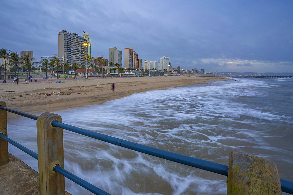 View of beaches, promenade and hotels from New Pier at dusk, Durban, KwaZulu-Natal Province, South Africa, Africa