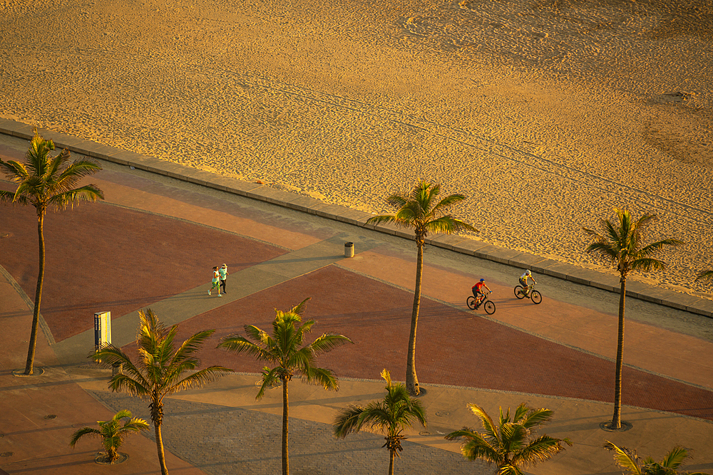 Elevated view of beaches and promenade at sunrise, Durban, KwaZulu-Natal Province, South Africa, Africa