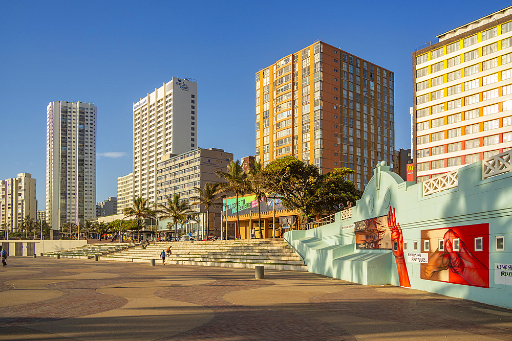 View of promenade, colourful wall art and hotels, Durban, KwaZulu-Natal Province, South Africa, Africa