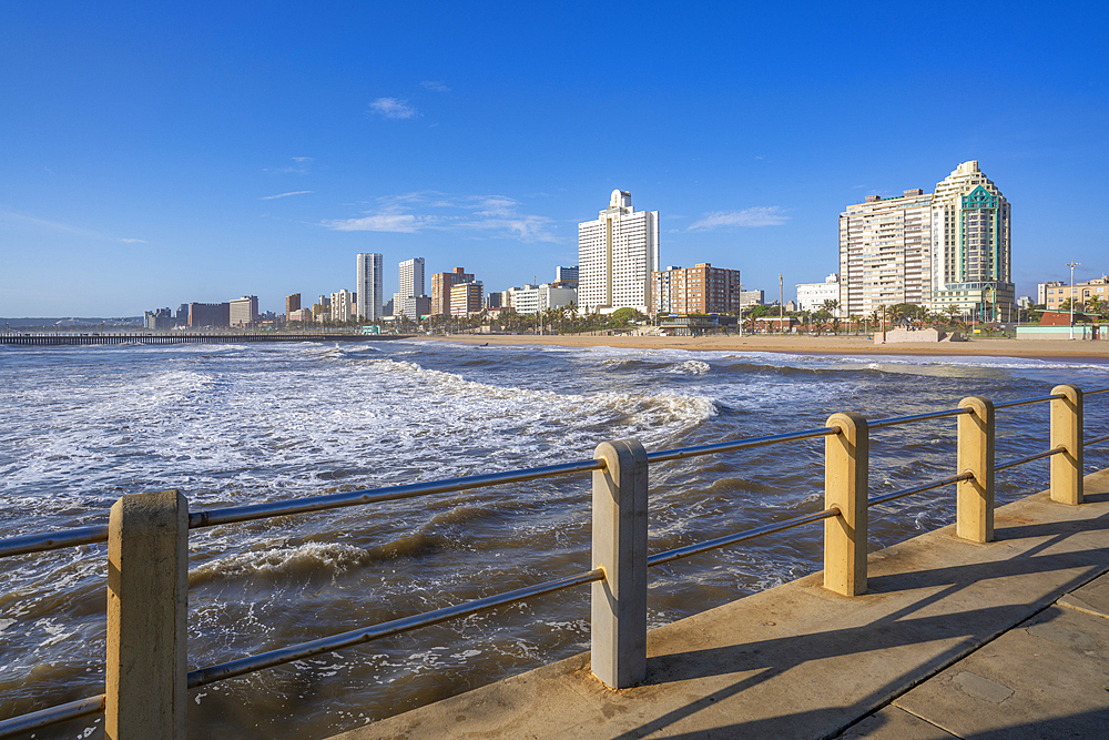 View of promenade, beach and hotels from pier in Indian Ocean, Durban, KwaZulu-Natal Province, South Africa, Africa