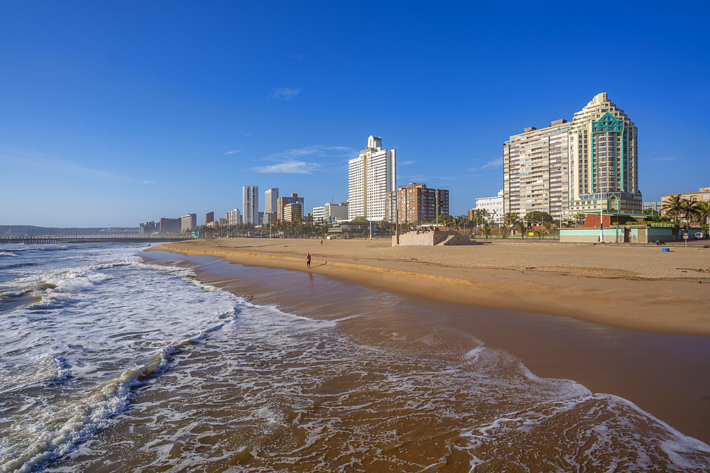 View of promenade, beach and hotels from pier in Indian Ocean, Durban, KwaZulu-Natal Province, South Africa, Africa