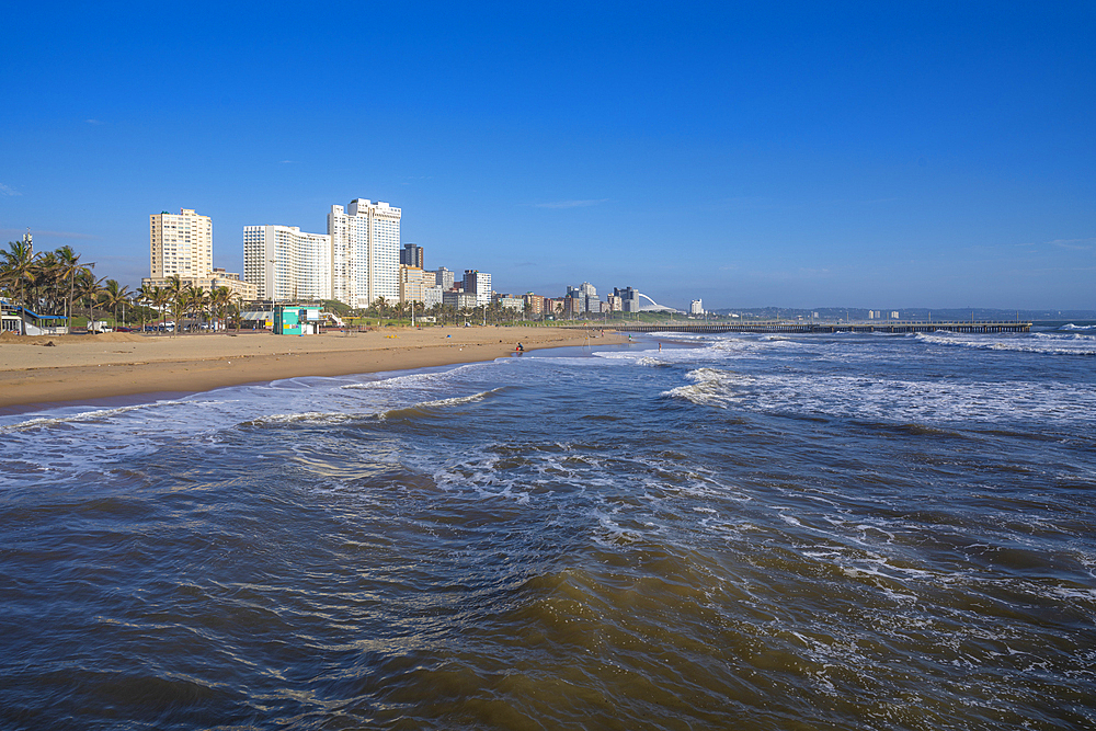 View of promenade, beach and hotels from pier in Indian Ocean, Durban, KwaZulu-Natal Province, South Africa, Africa