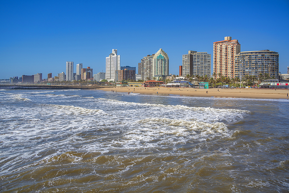 View of promenade, beach and hotels from pier in Indian Ocean, Durban, KwaZulu-Natal Province, South Africa, Africa