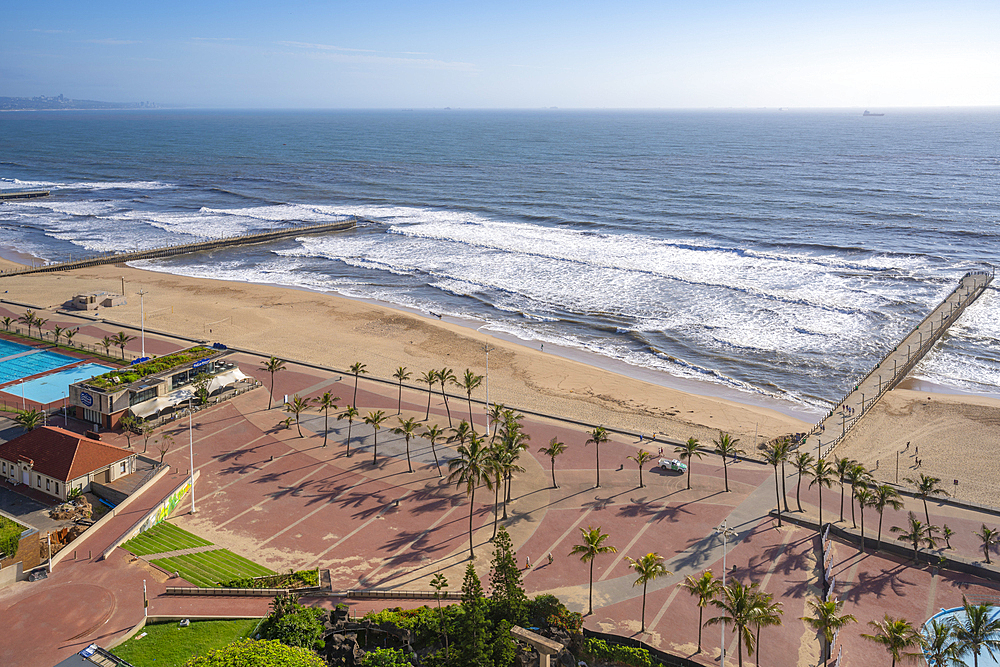 Elevated view of beaches, promenade and Indian Ocean, Durban, KwaZulu-Natal Province, South Africa, Africa