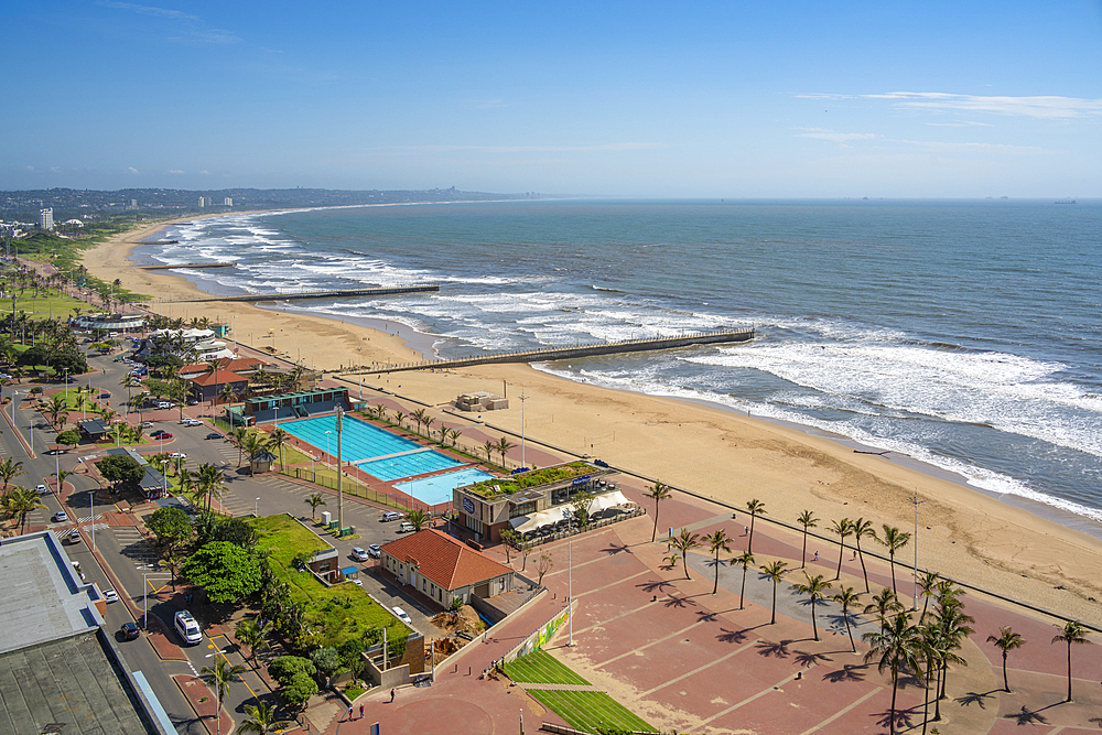 Elevated view of beaches, promenade and Indian Ocean, Durban, KwaZulu-Natal Province, South Africa, Africa