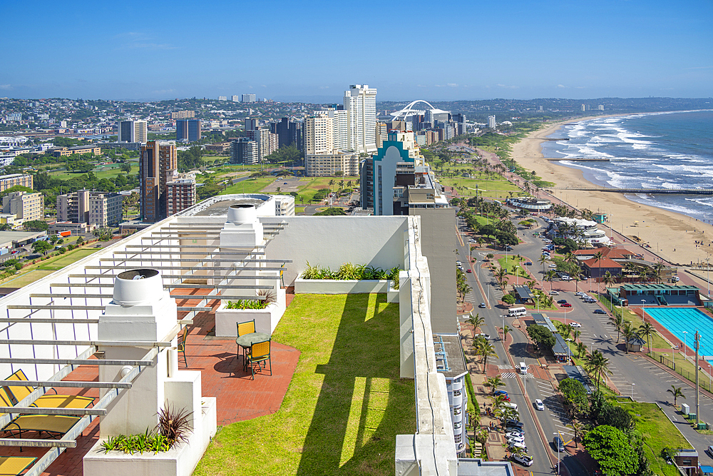 Elevated view of beaches, hotels, promenade and Indian Ocean, Durban, KwaZulu-Natal Province, South Africa, Africa