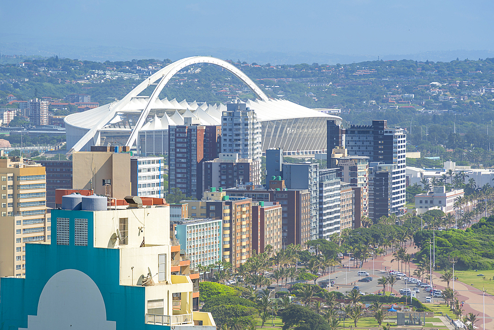 Elevated view of Moses Mabhida Stadium and hotels, Durban, KwaZulu-Natal Province, South Africa, Africa