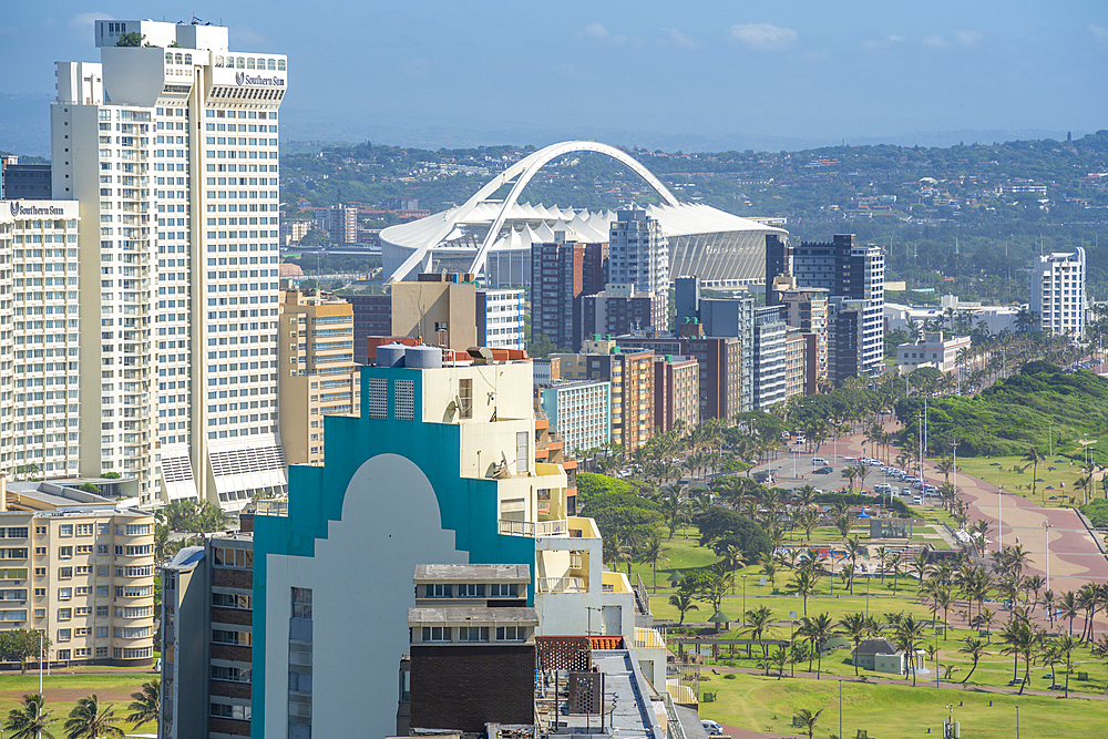 Elevated view of Moses Mabhida Stadium and hotels, Durban, KwaZulu-Natal Province, South Africa, Africa