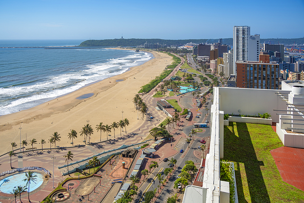 Elevated view of beaches, hotels, promenade and Indian Ocean, Durban, KwaZulu-Natal Province, South Africa, Africa