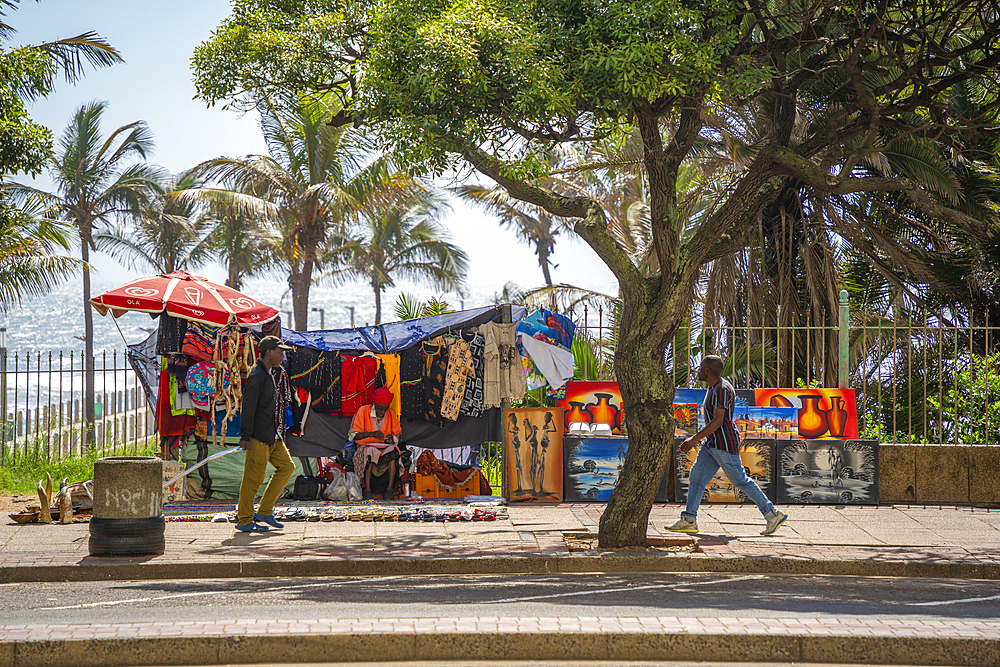 View of souvenir stall under tree on promenade, Durban, KwaZulu-Natal Province, South Africa, Africa